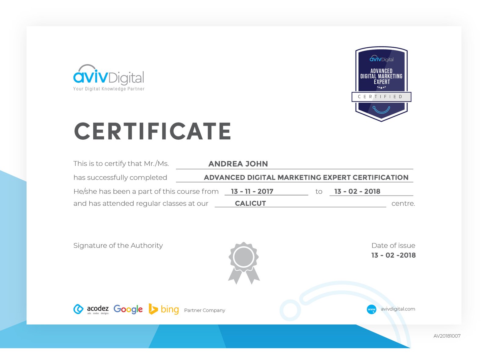 avivdigital digital marketing course certificate