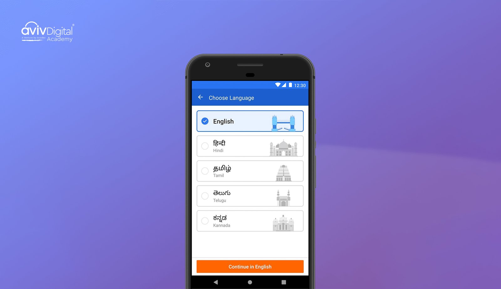 Flipkart language selection interface offering Hindi, Tamil, Telugu, and Kannada options alongside English. It perfectly demonstrates how brands are making their platforms accessible to vernacular audiences