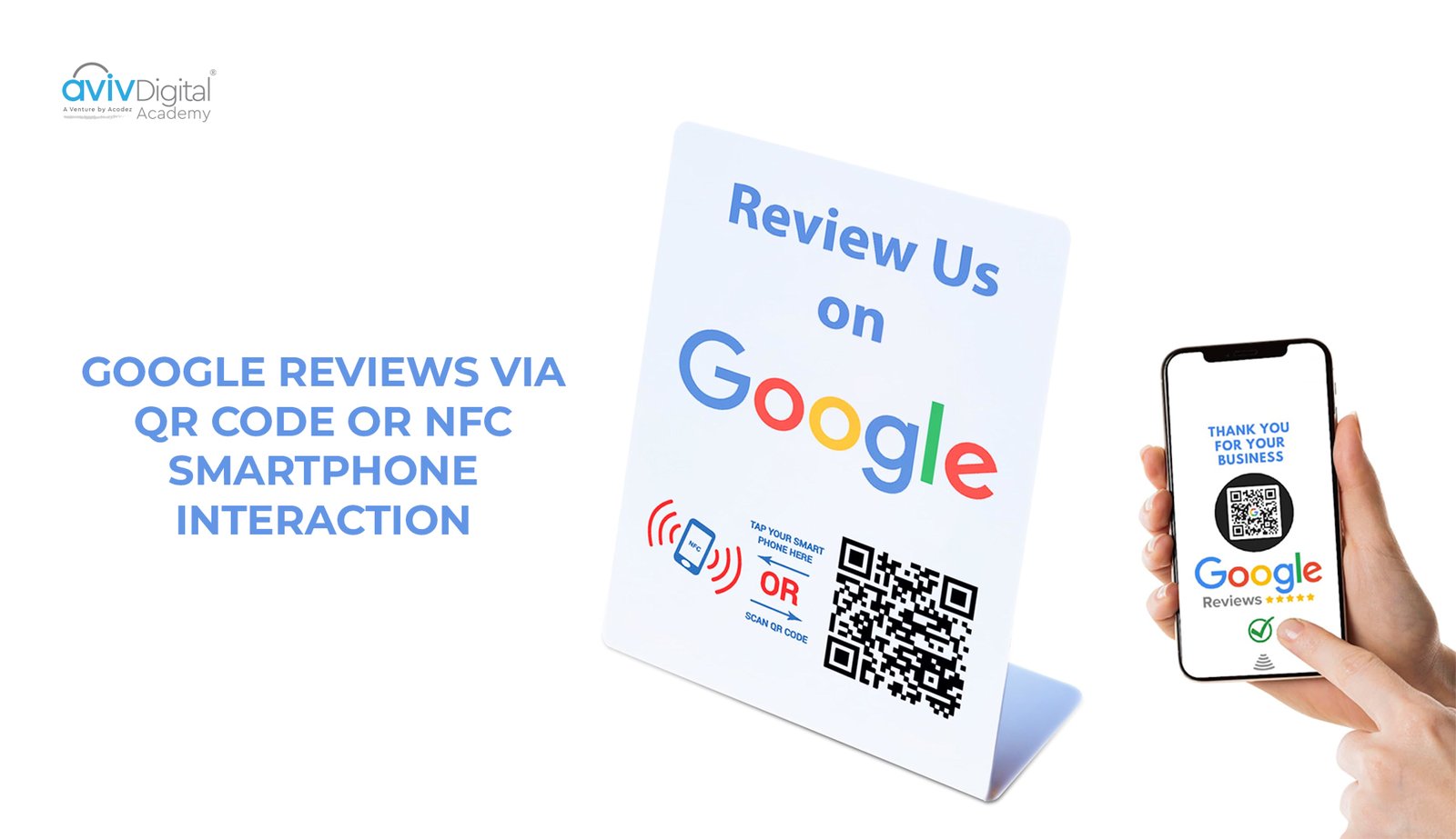 A sign encouraging customers to leave Google reviews via QR code or NFC smartphone interaction