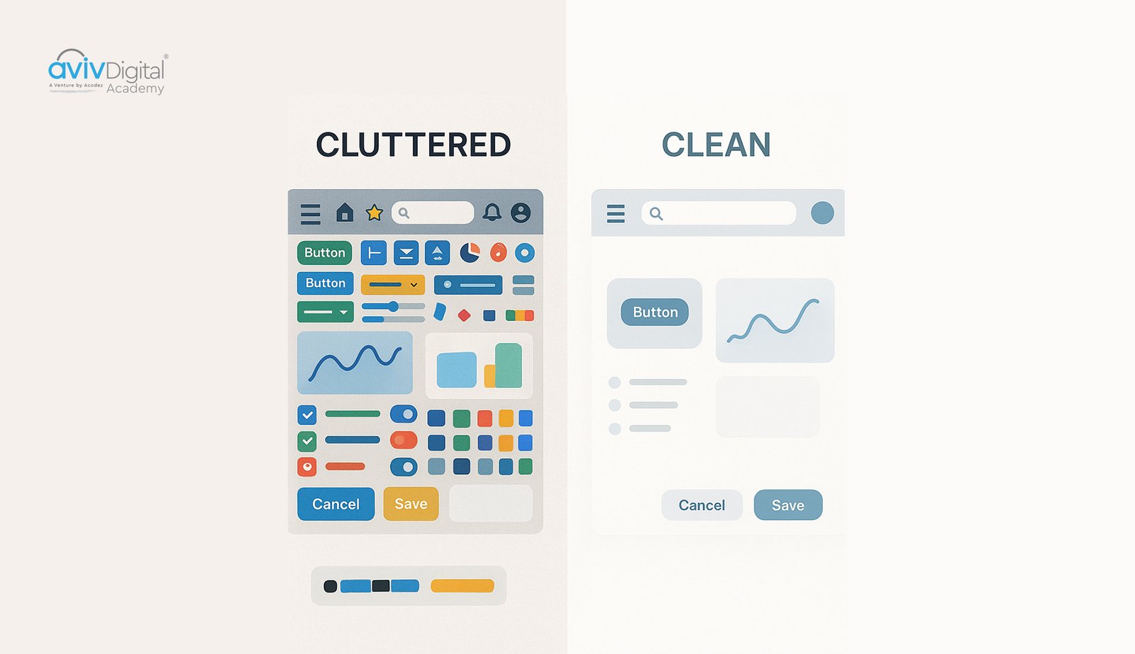 UI layout comparison between cluttered and simple design approaches
